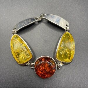 Silver & Faux Amber Bracelet Chunky Linked 7”